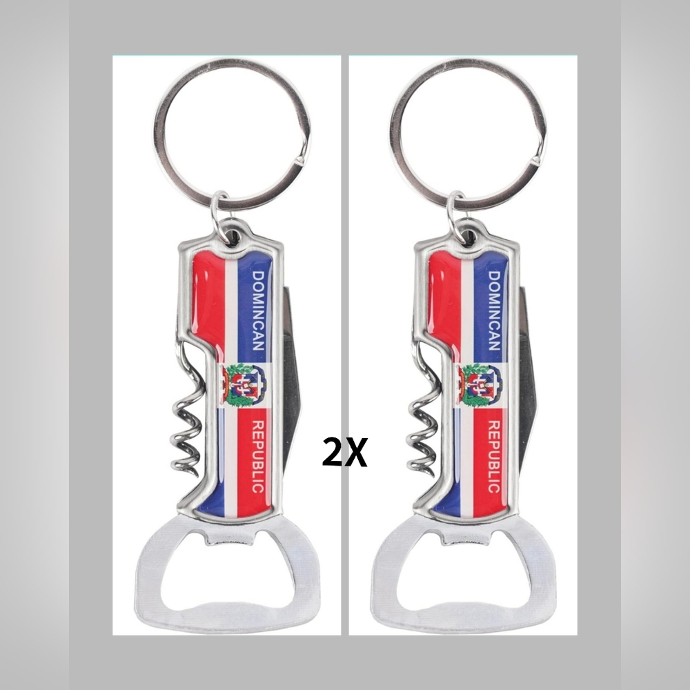 2x Multifunctional Bottle Opener Keychain Corkscrew Keyring Dominican Republic
